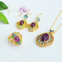 Aiyu – Nouveauté : Ensemble trois pièces en émail avec bagues, pendentifs et boucles d'oreilles en améthyste naturelle pour le commerce électronique en direct