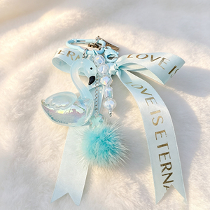 Shimmer White Swan Acrylic Keychain Quicksand Design With Pom Pom Pearl Chain Fashion <b>Ladies</b> Handbag <b>Keyring</b> - Product Image 3
