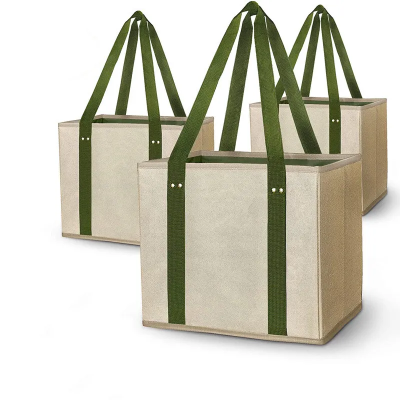 Dayanıklı katlanabilir yeniden kullanılabilir ekstra uzun saplı ağır depolama katlanabilir bakkal sepet alışveriş çantası takviyeli alt ile
