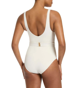 Swimsuit Custom Sustainable <strong>White</strong> Ribbed Fabric Timeless One-Piece Self Belted Waist Deep V Neck Swimsuit Bikini - Product Image 4