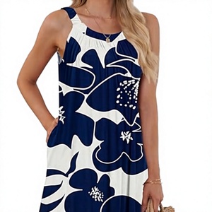 AUSELILY Vestido playero informal de verano para mujer, sin mangas, con cuello halter, estampado floral, con bolsillos, lavable - Product Image 3
