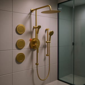 Système de douche avec barre coulissante, pommeau de douche pluie, douchettes à main, pulvérisateurs corporels, fixation murale, laiton poli, quincaillerie de salle de bain contemporaine - Product Image 2