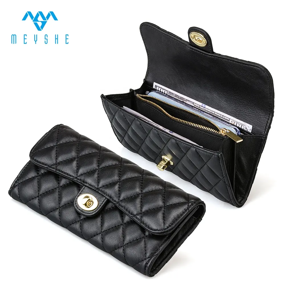 Factory Price Hot Sale Black Sheepskin Genuine Leather Fashionable Women Long Wallet Purse And Wallets