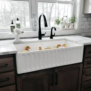 Fanwin toptan Modern lüks beyaz seramik önlük ön mutfak kase lavabo çiftlik mutfak lavabo 1 parça mutfak donanım