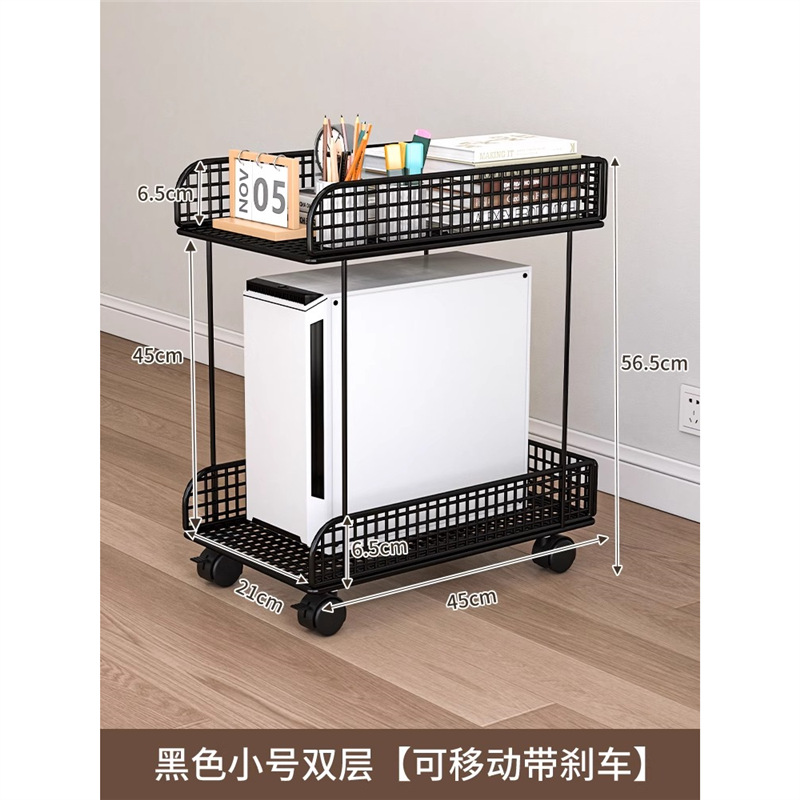 ชั้นวางเครื่องหลักสองชั้นขนาดเล็กสีดำ เคลื่อนย้ายได้พร้อมเบรก