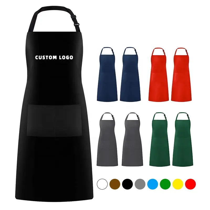 CHANGRONG özel düz uzun önlük ayarlanabilir su geçirmez baskılı Logo 2 cepler siyah Polyester pamuk pişirme mutfak önlüğü