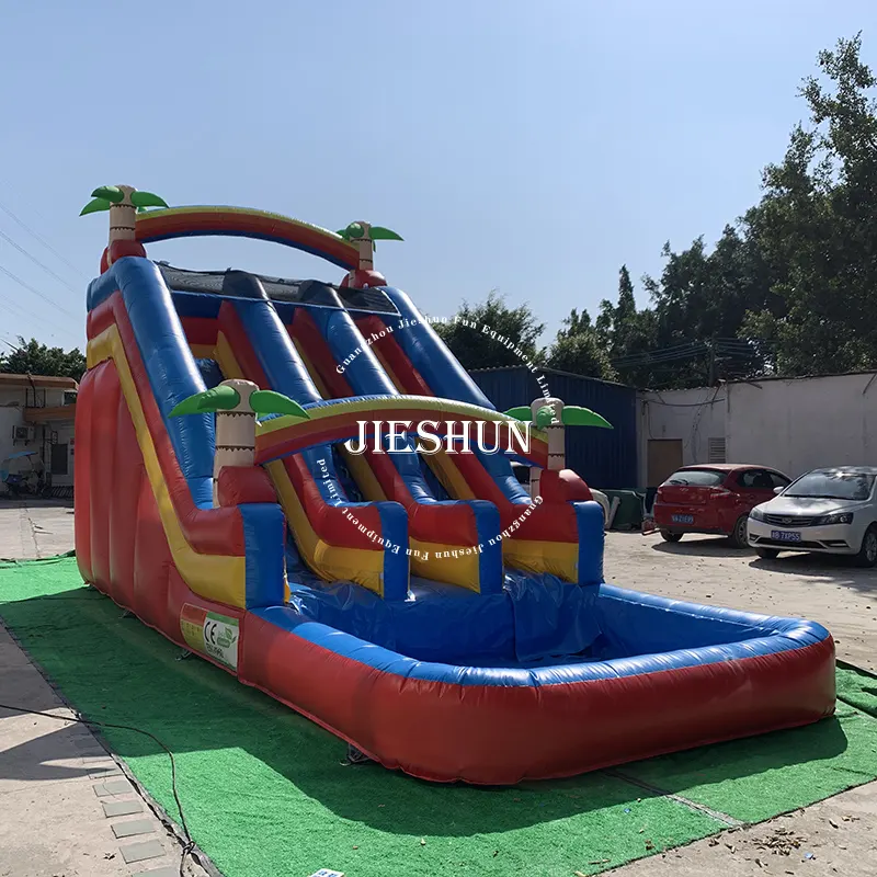 2020 hot sale red summer coconut tree theme water slide inflatable slides with pool for kids