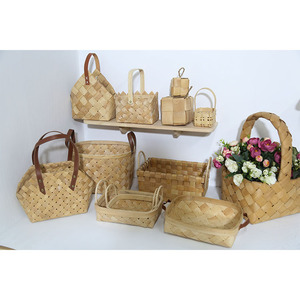 Japanese Creative Flower display Wood flat Natural Hand-woven Wooden Chip storage Baskets With Handles