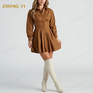 Vestido camisero corto informal de manga larga de algodón de alta calidad personalizado para mujer con puños abotonados y cuello vuelto ajustado en la cintura con volantes - Product Image 1