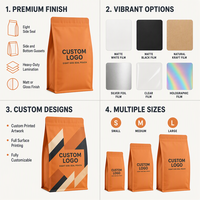 Sachet de café à fond plat imprimé sur mesure avec valve unidirectionnelle, finition mate, résistant à l'humidité, pochette vide pour l'emballage des grains de café