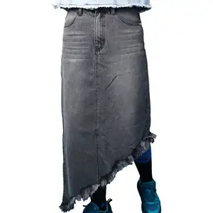 Rok Denim wanita, desain trendi grosir rok Denim rok Jeans Denim Wanita dengan rumbai