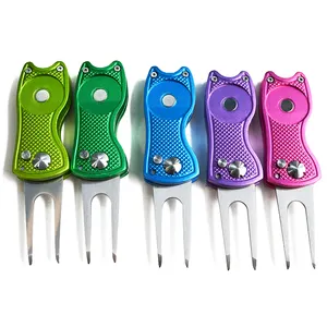 10 Colors Retractable Switch Blade Stainless Steel Golf Divot Repair Tool Metal Golf Pitch Fork With Custom Ball Marker