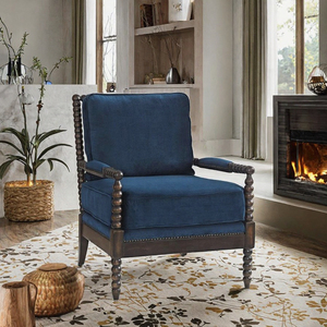 Fauteuil en velours traditionnel avec structure en bois massif, bleu foncé, style antique, siège moelleux, meubles pour salon - Product Image 3