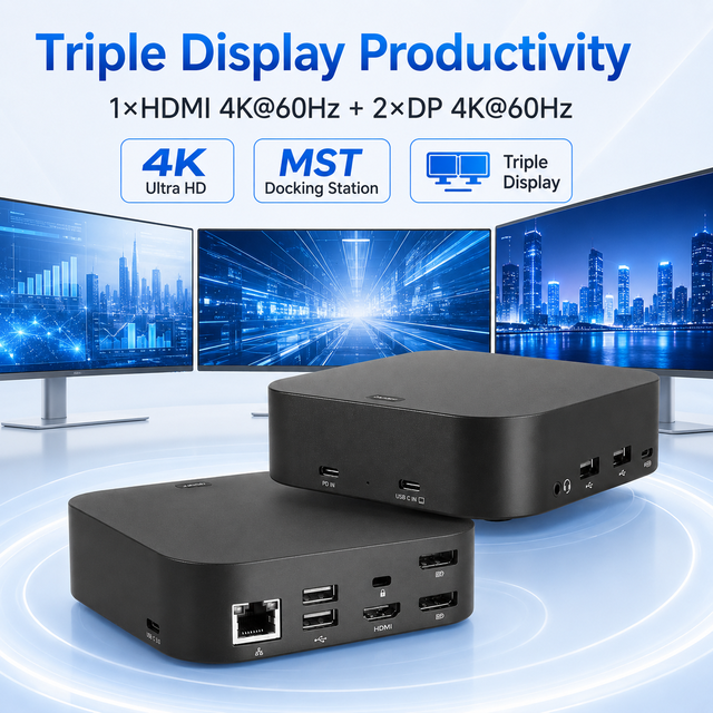 14-in-1 USB-C MST Docking Station, Triple Display 4K*60Hz (HDMI+2DP), 5xUSB 10Gbps, GbE, SD/TF 3.0, PD 100W, ABS Case for Laptop
