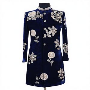 Sherwani Azul Marino con Pantalón, Bordado Zari, Talla Grande, Transpirable, con Zapatos a Juego para Bodas y Fiestas - Product Image 3