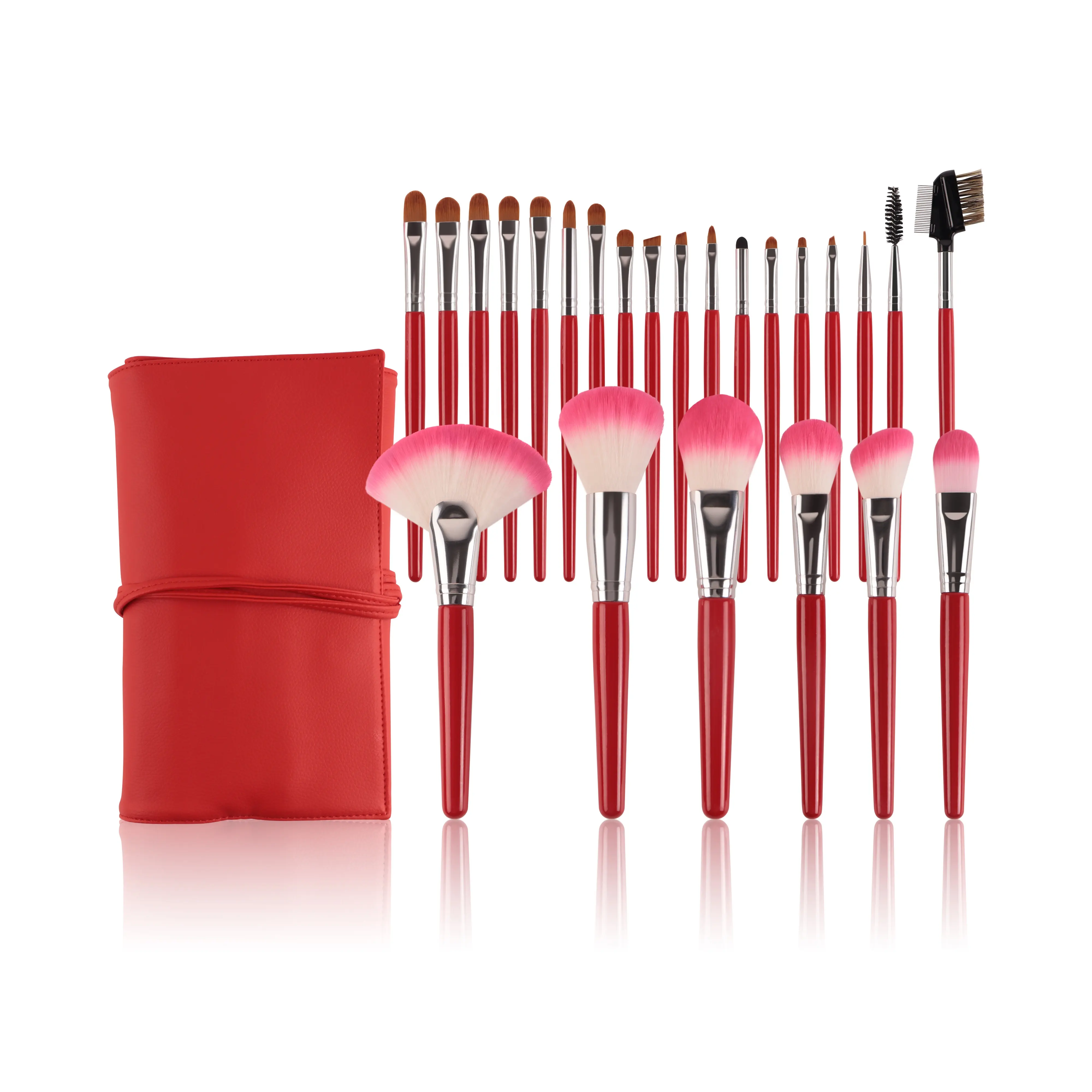 Professional Quality 24 Pcs Makeup Brush Set With 100% Synthetic Hair And Red Wooden Handle