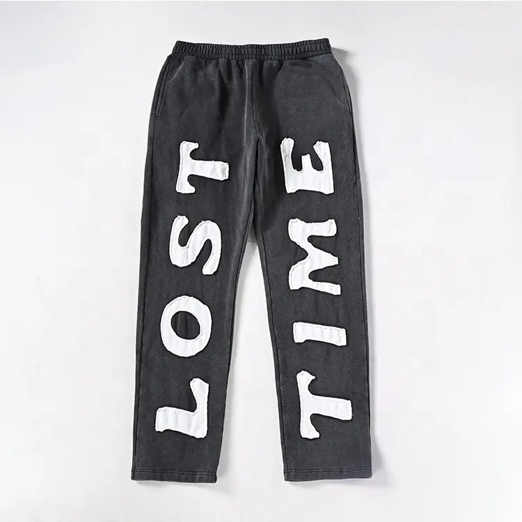 Patchs imprimés personnalisés OEM brodés Streetwear pantalons de jogging en coton à jambes larges pantalons de survêtement vintage délavés à l'acide pour hommes