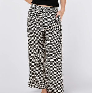 Pantalon décontracté doux pour femmes, taille plus, design ample et confortable, pattes d'éléphant, imprimé à carreaux, respirant, vêtements de nuit, pantalon large en coton mélangé - Product Image 1