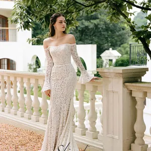 New Collection Elegant Long Sleeves Mermaid Lace Wedding Dress 2022 For Beach Wedding