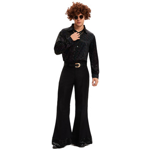 Costume de scène rétro disco pour homme Yi Xiaoyi, style années 1970, ensemble pantalon évasé et chemise à paillettes noires pour adulte - Product Image 5