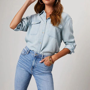 Channel Classic Button Down Roll Up Sleeve Denim Chambray Blue Jean Shirts For Women - Product Image 3