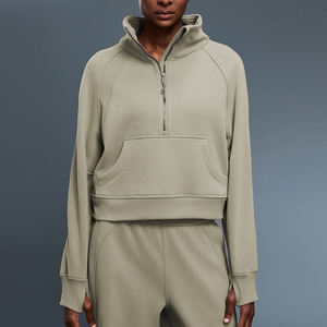 Sweat à capuche mi-zippé doux et écologique pour femme, coupe oversize, en coton bouclette 320g, épais, pour l'hiver, décontracté - Product Image 6