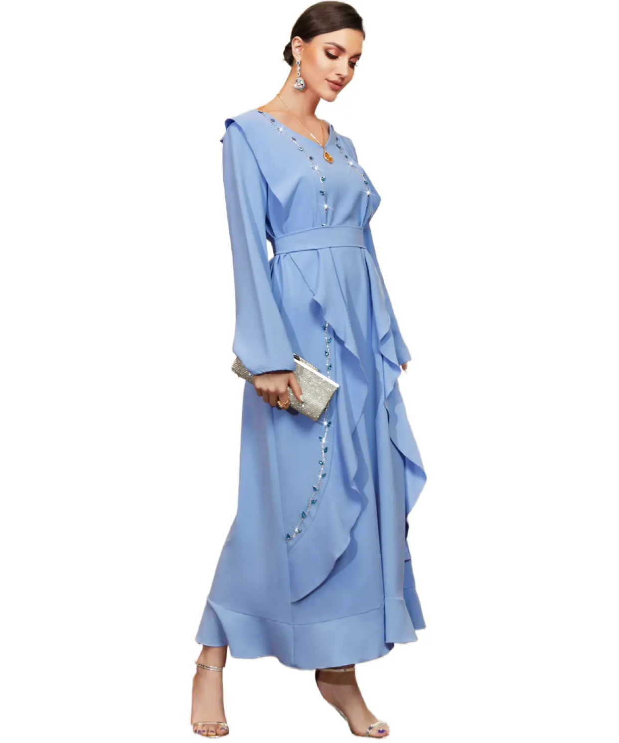 SH0121 vendita calda modesto cielo blu Abaya cucito a mano di lusso colorato diamante volant abiti ultimi disegni del vestito immagini