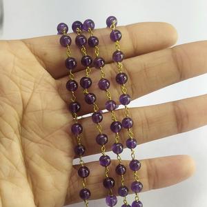 Natural Amethyst Smooth Round Balls Beads Brass Wire Wrapped Handmade Blue <b>Rosary</b> Chain by Johariz - Product Image 2