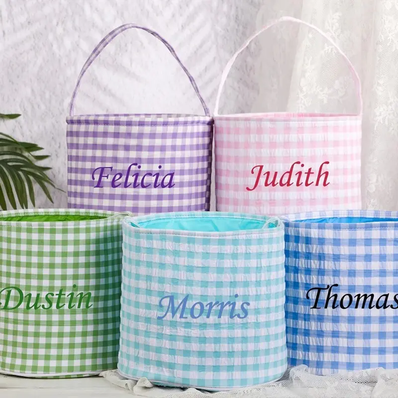 Wholesale Easter Bucket Holiday Decoration Name Egg Hunt Candy Tote Gingham Bunny Easter Baskets