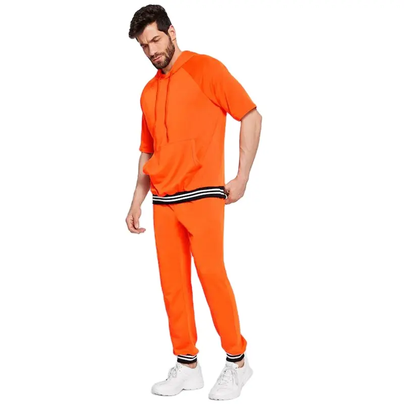 KY orange sweat suit sport Guys Stripe Hem Raglan short Sleeve Pocket Hoodie & Pants Set track suit for men