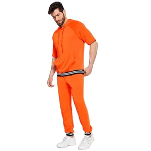 KY <strong>Men's</strong> <strong>Orange</strong> Sport Sweat <strong>Suit</strong> with Stripe Hem Raglan Short Sleeve Pocket Hoodie &amp; Pants Set Plus Size Track <strong>Suit</strong> for Summer - Product Image 1