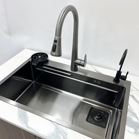 Évier de cuisine en acier inoxydable fait main gris/noir avec grand évier simple, robinet multifonction en cascade, anti-rayures, trois trous