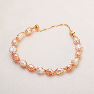 Zhuji Danshui Handmade Women's True <b>Pearl</b> <b>Bracelet</b> Copper <b>Gold</b> Plated Weaving Winding Magnetic Buckle Baroque Style Wholesale - Product Image 2