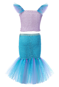 Costume da Sirena in 2 Pezzi, Top con Paillettes e Tulle, Outfit per Bambini per Feste di Compleanno e Cosplay, Costume da Piccola Sirena con Fascia per Capelli - Product Image 6