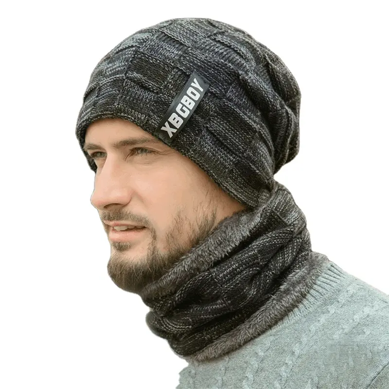 Winter Hats Two Pieces Pullover Bibs Multi-Purpose Plus Fleece Men'S Autumn And Winter Men'S Knitted Hats