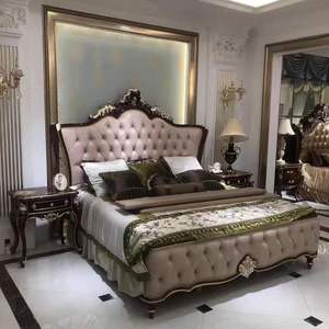 Cama de cuero francés de buena calidad de madera maciza con hermosos muebles de dormitorio hechos a mano con colchón y mesitas de noche - Product Image 4