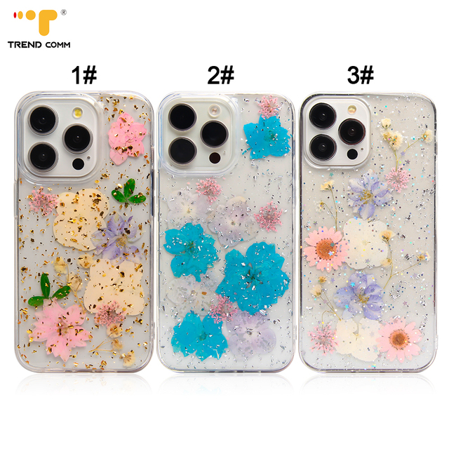 2026 Luxury Glitter Epoxy Phone Case with Dried Flower Design Cover for iPhone 15 Pro Max Shockproof Features