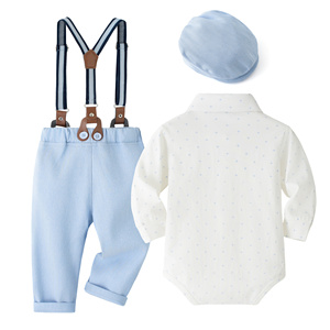 Catpapa Vente en gros Ensemble 4 pièces pour bébé <span class=keywords><strong>garçon</strong></span> 0-18 mois : Body, pantalon à bretelles, nœud papillon, <span class=keywords><strong>béret</strong></span> – Tenue de gentleman formelle - Product Image 2