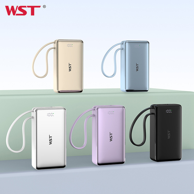 WST Banco De Potencia Power Banks Portable Rope Handle LED Digital Display Fast Charging Mini 10000mah Built in Cable Power Bank