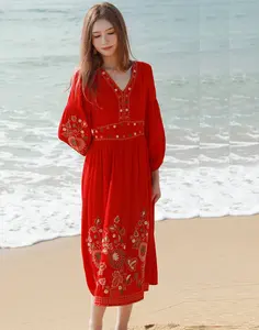 Роскошное пляжное платье 2024 весенне-летнее модное женское платье с V-образным вырезом и красочной вышивкой с 3/4 рукавом Миди ТРАПЕЦИЕВИДНОЕ белое красное платье солнце