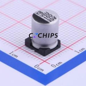 ตัวเก็บประจุแบบอิเล็กโทรไลต์อะลูมิเนียม SMD รุ่น VEU101M1VTR-0810, ขนาด D8xL10 มม. 100uF 20% 35V 8 มม. - Product Image 1