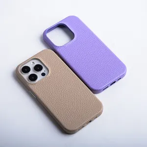 DL Glossy Classic Phone Case Higher Edges Protection Polished Pebble Stone Vegetable Tanned Leather Phone Cover For Iphone 14