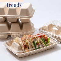 Boîte à lunch biodégradable Trendz en bagasse de canne à sucre, emballage pour tacos, récipient alimentaire jetable, porte-tacos à 3 compartiments avec couvercle