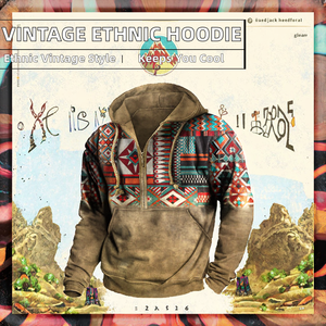 Sudadera con Capucha para Hombre, Estilo Étnico Vintage, Estampado Sólido, Informal para Invierno, con Bolsillo con Cremallera - Product Image 2