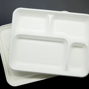 4 Compartment Eco-Friendly Compostable Bagasse <strong>Disposable</strong> <strong>Plates</strong> with Lid and Dividers for School Lunches &amp; Takeaway - Product Image 1