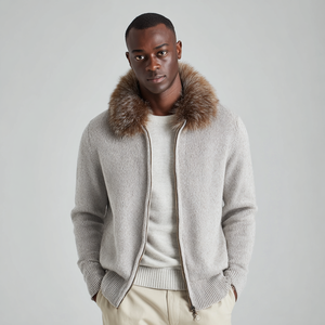 Giacca in maglia da uomo con zip intera e collo in pelliccia rimovibile |   Cardigan Invernale Scandinavo in Misto Lana OEM Vendita all'Ingrosso - Product Image 1