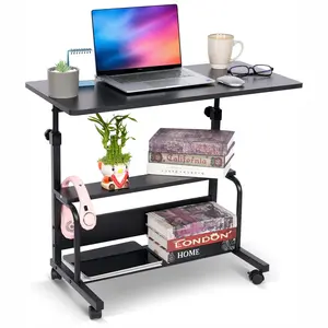 작은 공간을위한 휴대용 작은 책상 노트북 테이블 블랙 롤링 조정 가능한 책상 바퀴에 모바일 소파 책상 침실