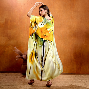 Wholesale Designer Turkish Style <b>Kaftan</b> Kurta Women Polyester Handmade Batwing Sleeves V Neck Regular Fit Flared Hem Midi Short - Product Image 1
