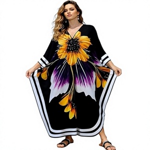 V Neck Floral Maxi Abaya <b>Dress</b> Three Quarter Sleeve <b>Loose</b> Fit Beach Wear Women's Polyester Modest Summer Style - Product Image 1