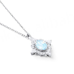 Collar con Colgante de Piedra Lunar Natural con Halo de Circonitas Cúbicas, Corte Ovalado, Chapado en Oro y Rodio, Plata de Ley 925, Venta al por Mayor - Product Image 5